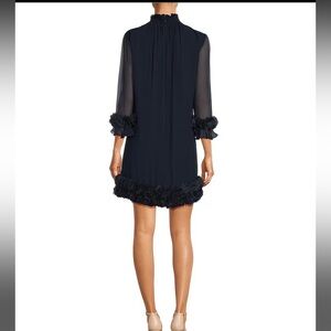 Smocked Turtleneck Floral Petal Ruffle Trim 3/4 Sleeve Chiffon Dress. Size L